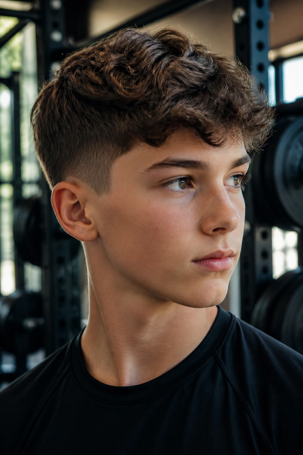 Close-up of a real boy with a wavy crew cut and tapered sides in a gym setting.