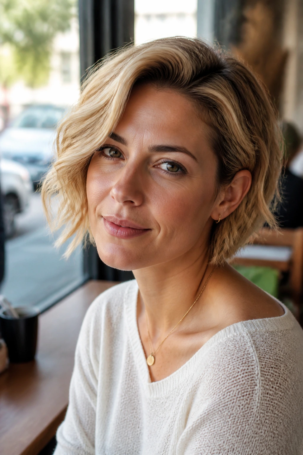 Close-up of a real woman with a wavy crop and deep side part in honey blonde