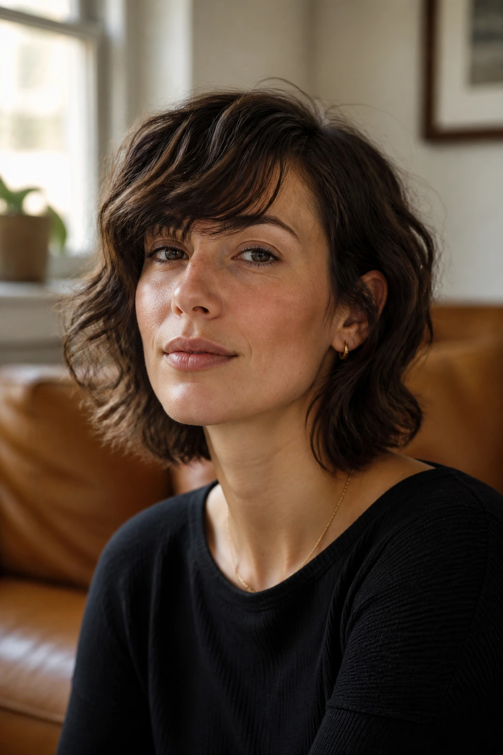 Close-up of real person with wavy crop sweep fringed hairstyle in natural light