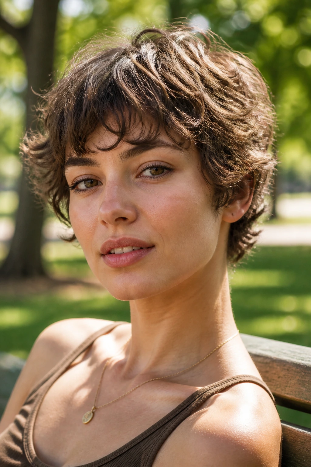 Portrait of a real woman with a wavy crop and wispy bangs in natural light