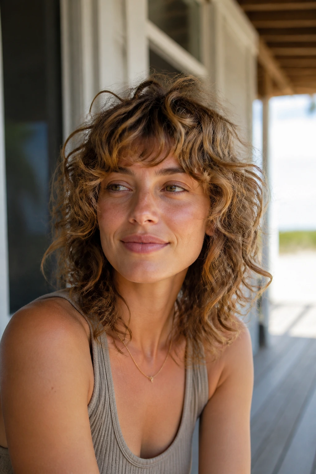 Real woman with wavy curl shag showing natural waves and lift