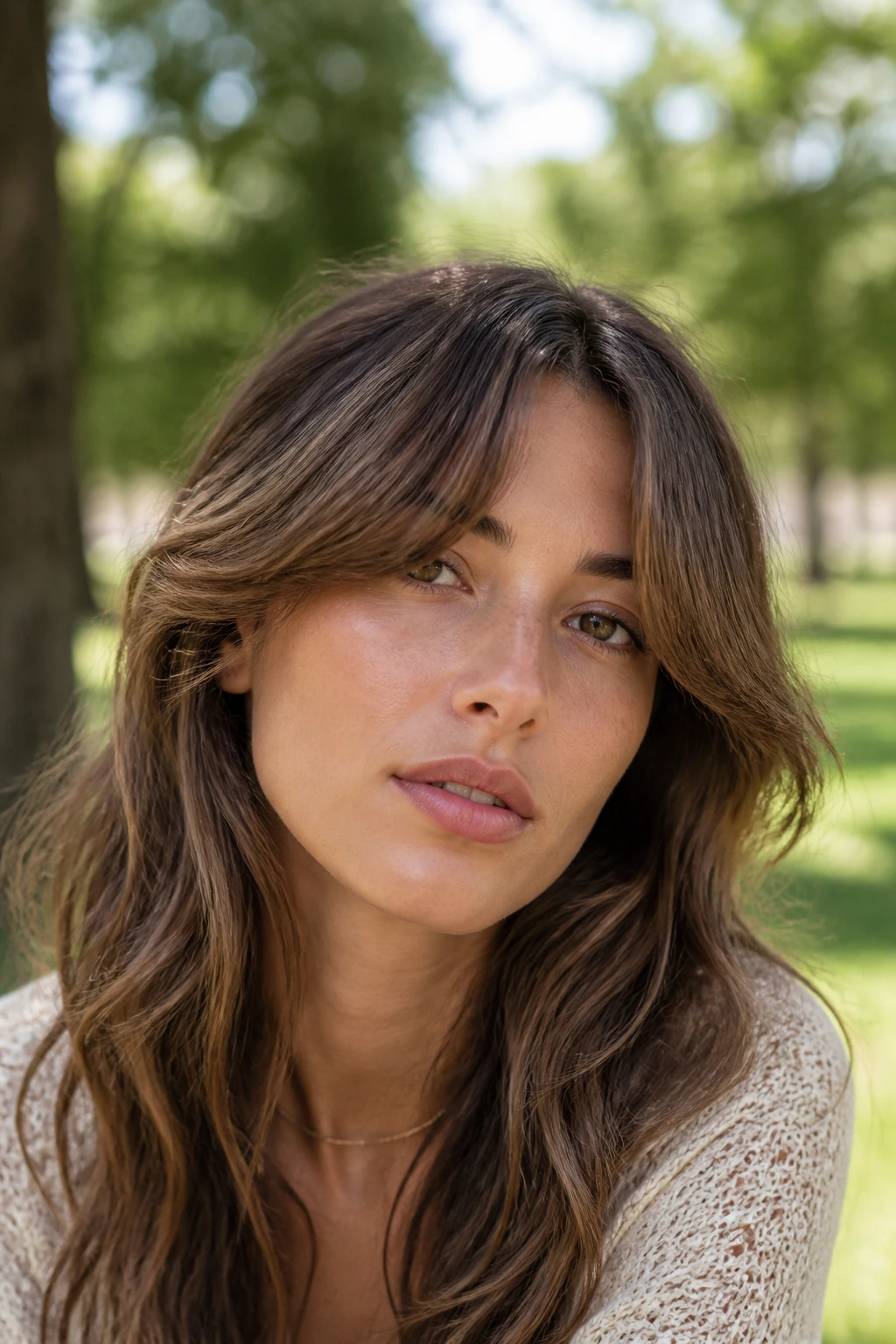 Close-up portrait of a real woman with wavy curtain bangs outdoors in daylight