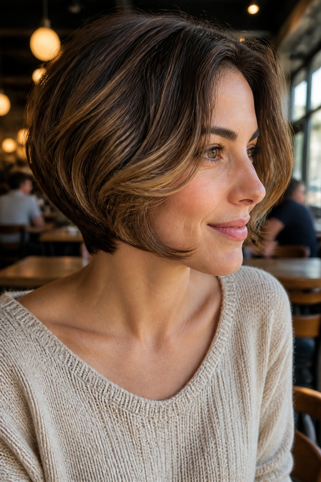 Real woman with a wavy curved-under stacked haircut showing lift at back.