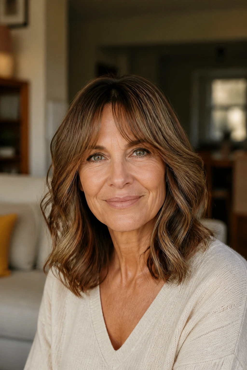 Close-up of a real woman with wavy extensions and curtain bangs in a warm living room
