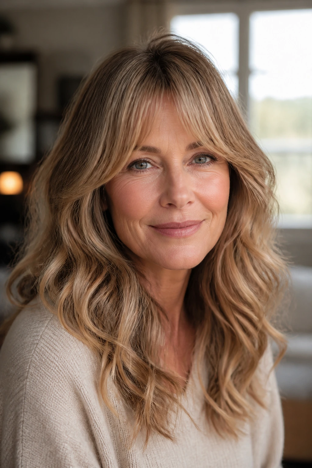 Real woman over 50 with blended wavy extensions and curtain bangs in warm home lighting