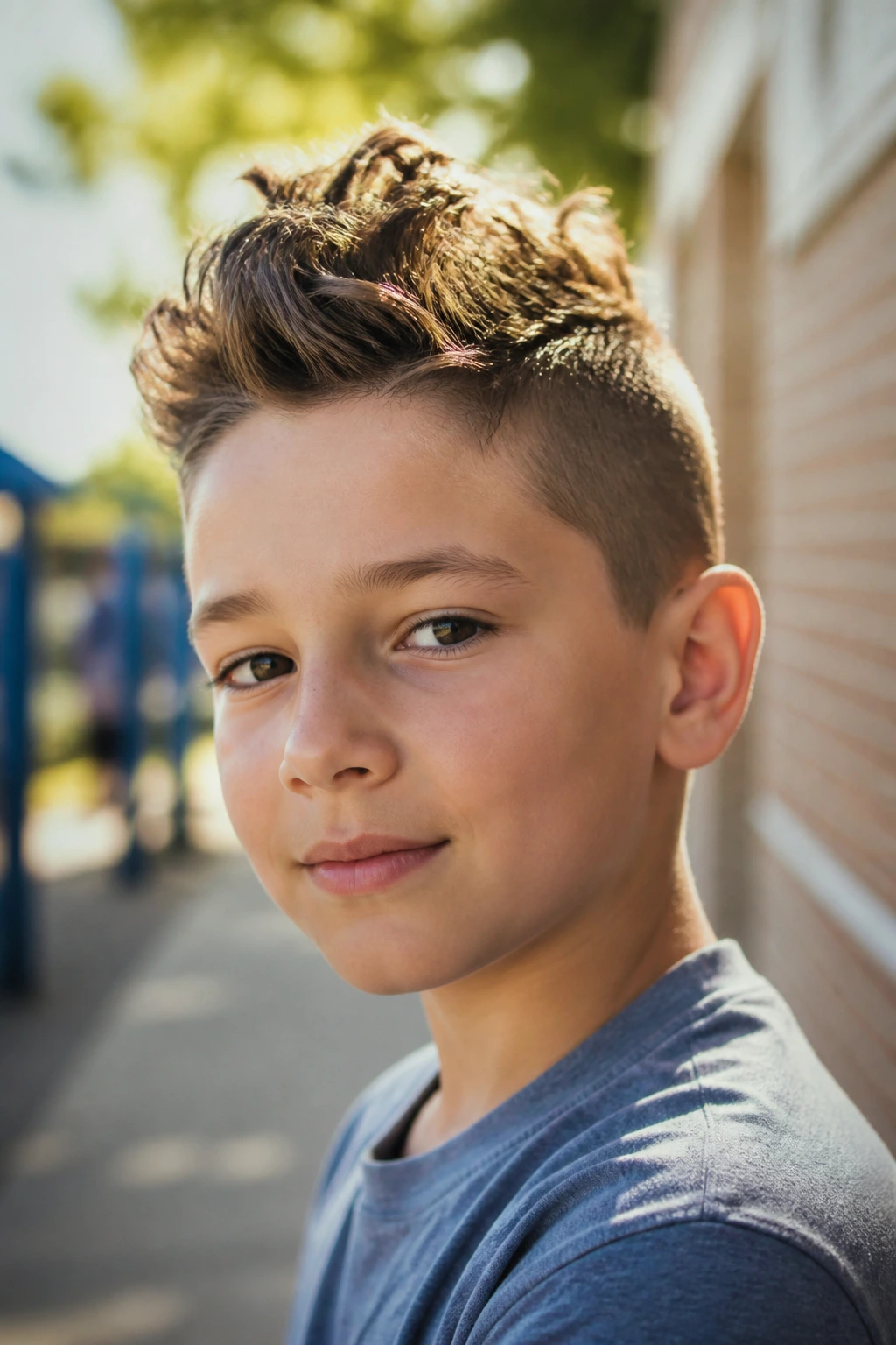 Close-up portrait of a boy with a wavy faux hawk hairstyle