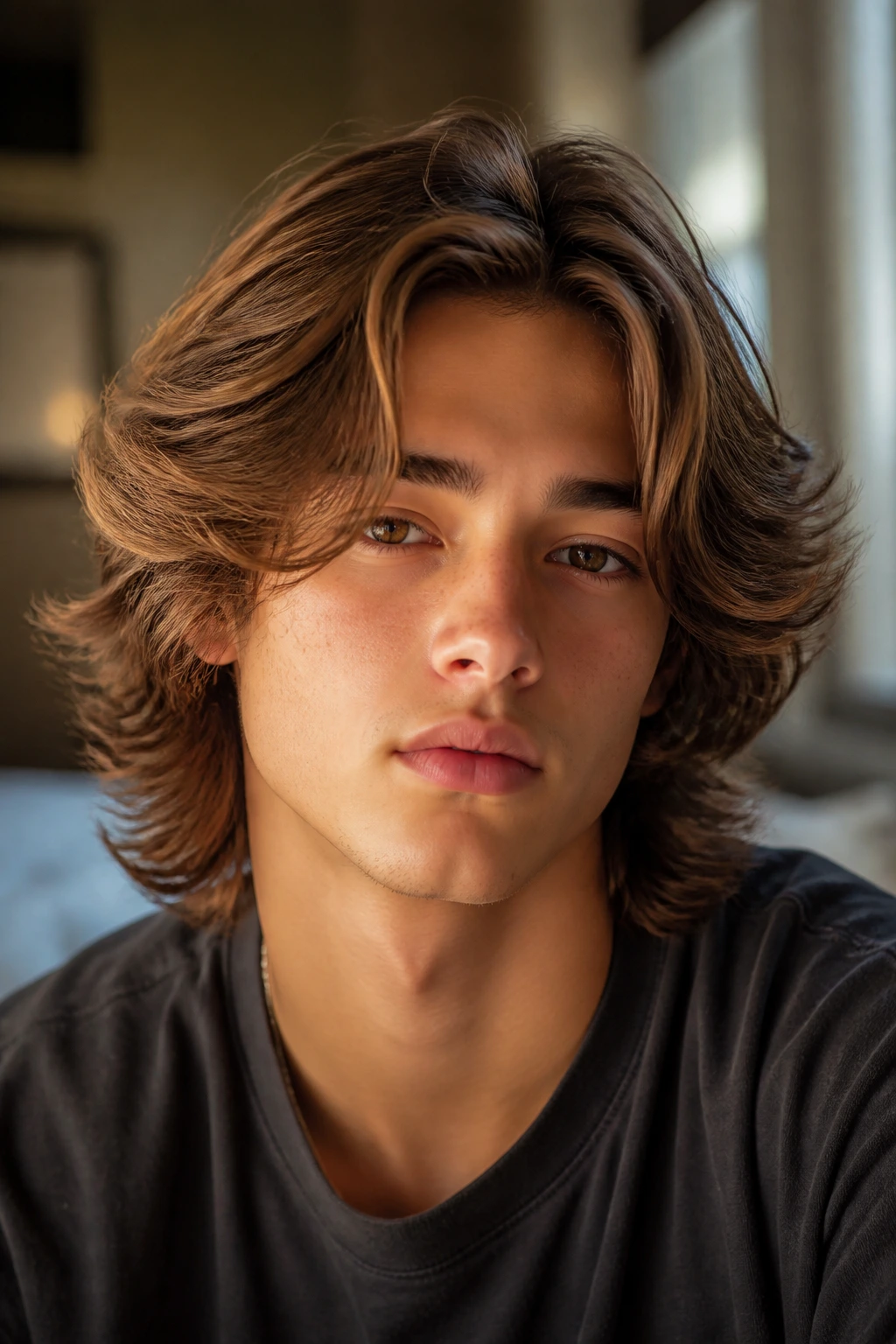 Close-up of a real person with wavy hair featuring feather layers around the face