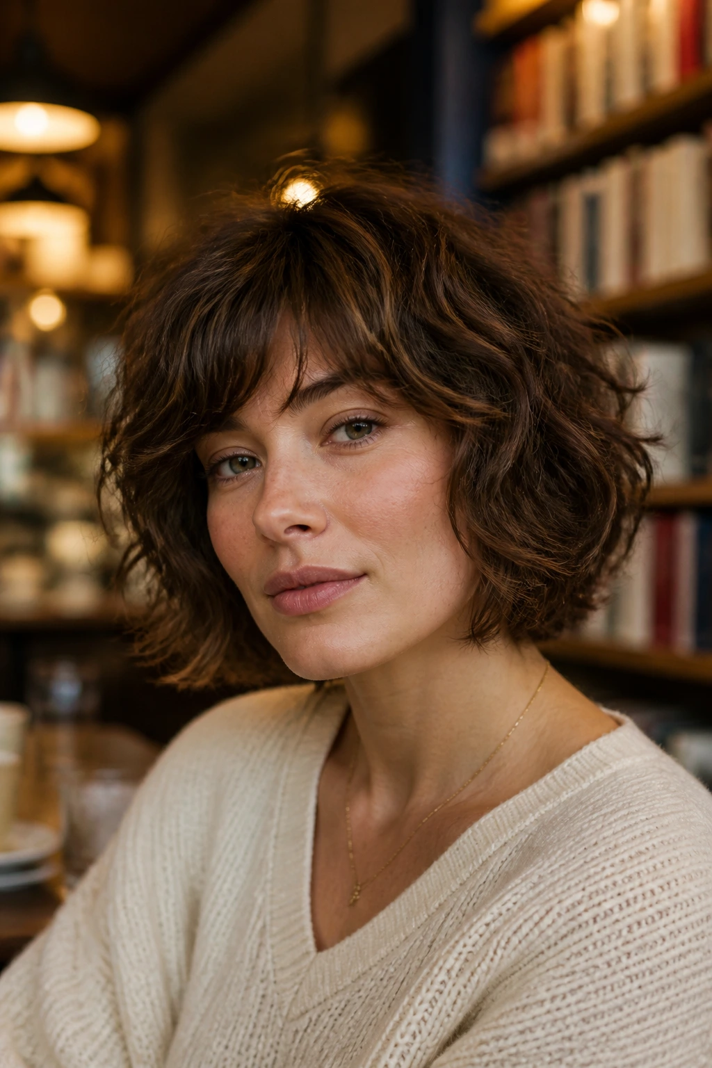Close-up of a real woman with a wavy French bob shag in a cafe setting