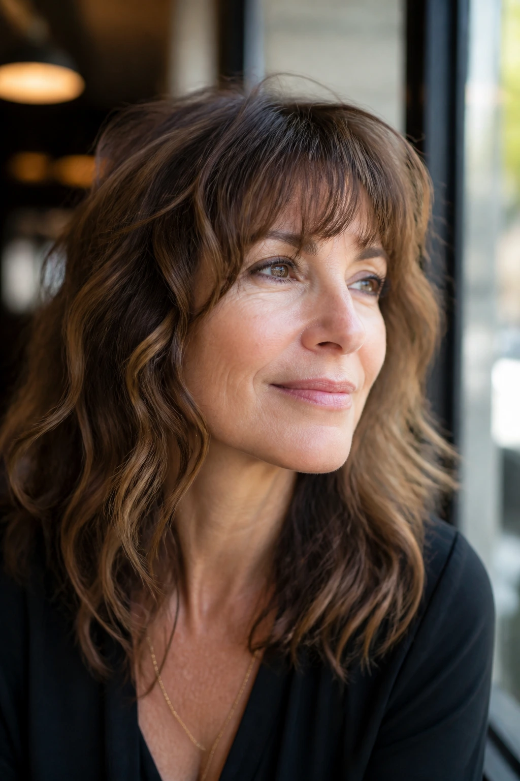 Portrait of a woman with a wavy fringe showing natural movement after drying