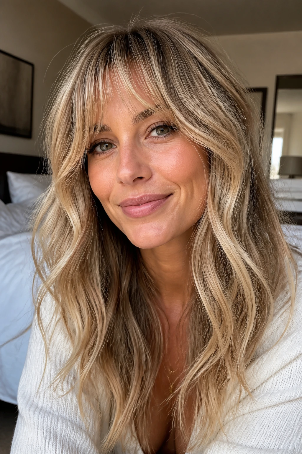 Close-up portrait of a real woman with wavy fringe and mocha shadow under bangs, blonde babylights in natural light.