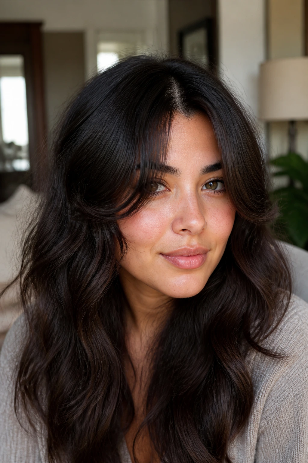 Close-up of a real woman with a center-parted wavy split fringe in warm natural light