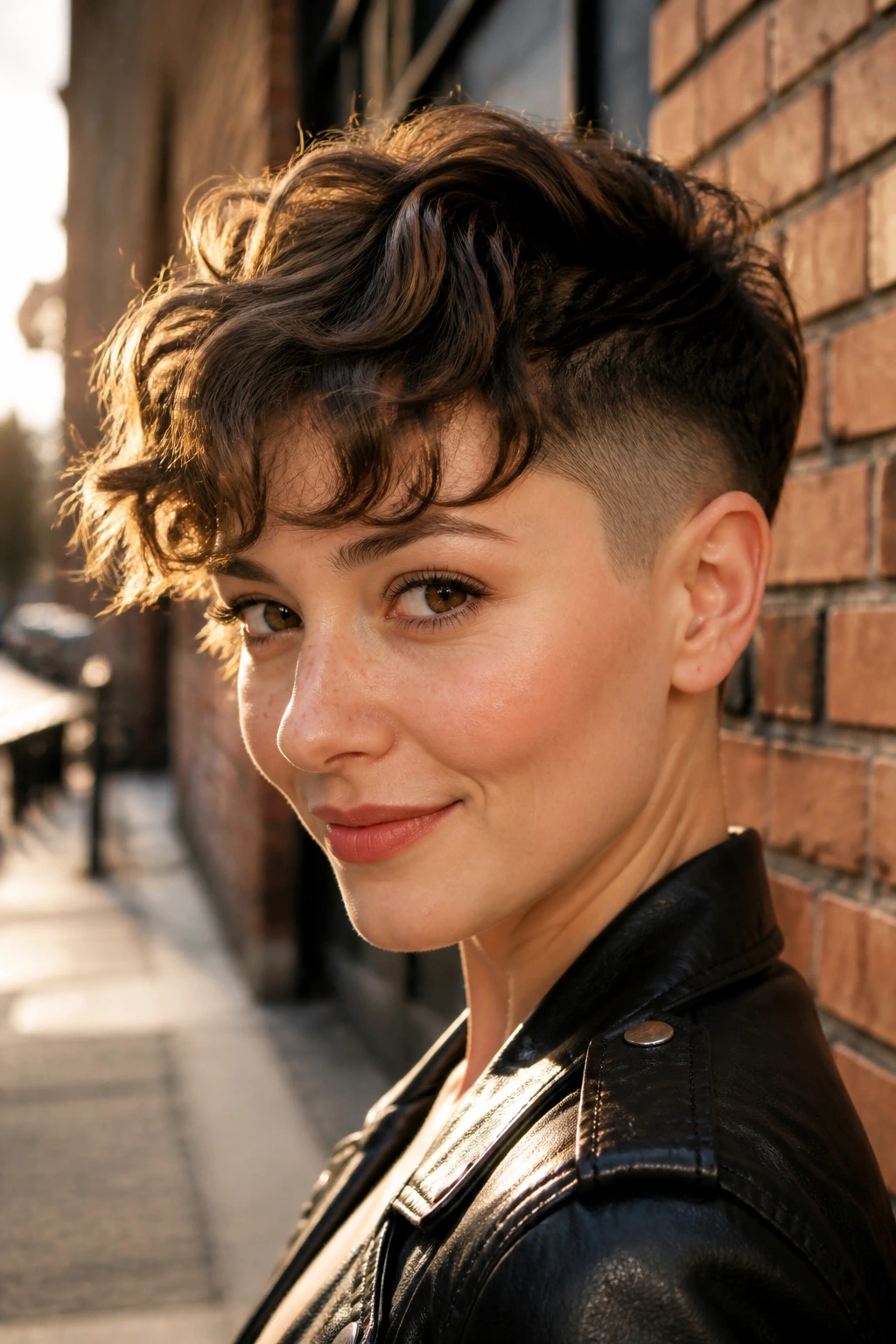 Close-up portrait of a real woman with a wavy fringe and an undercut.