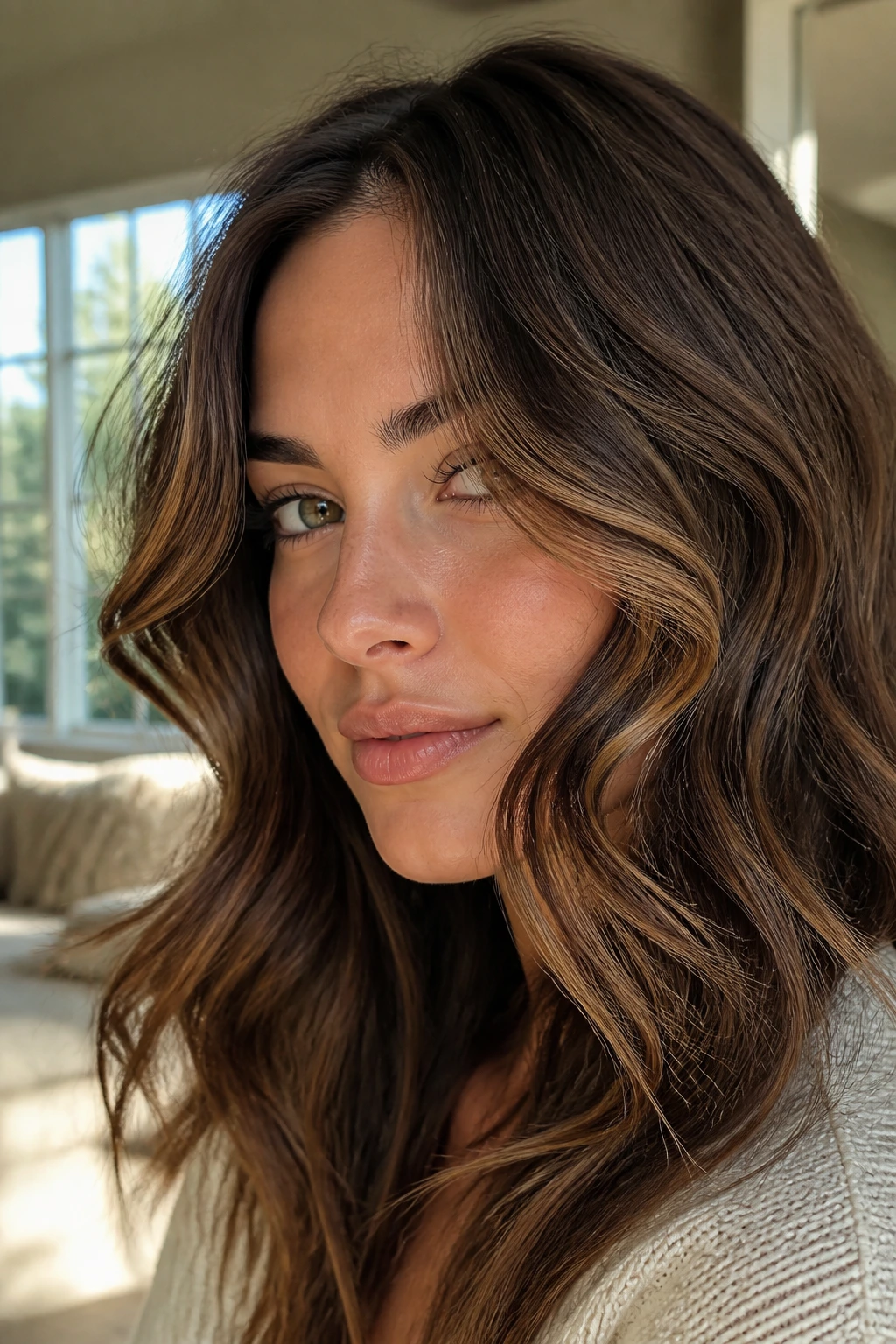 Close-up of a woman with wavy front pieces forming an S-curve