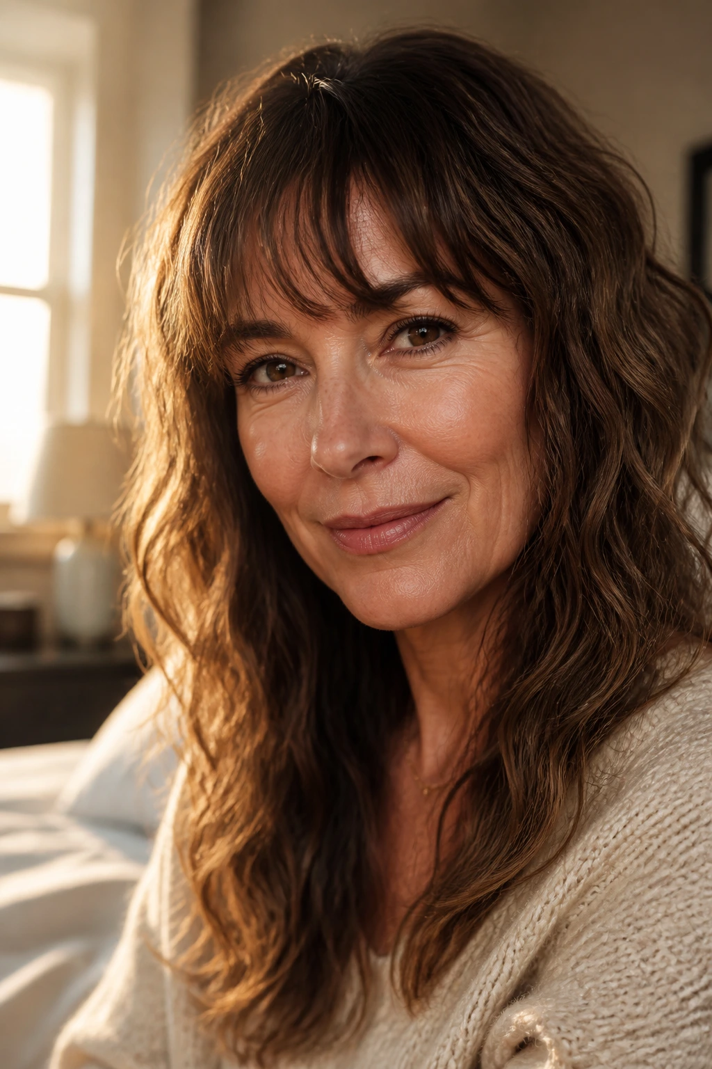 Close-up portrait of a real woman over 40 with wavy hair and textured bangs