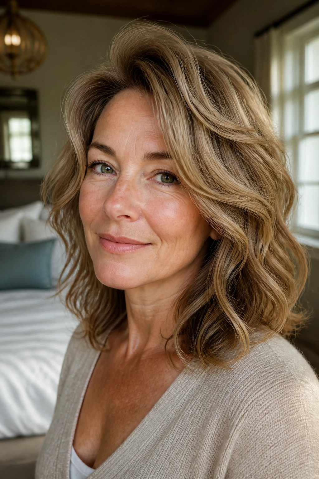 Close-up of a real 45+ woman with wavy hair showing crown lift and soft ends in natural bedroom light.