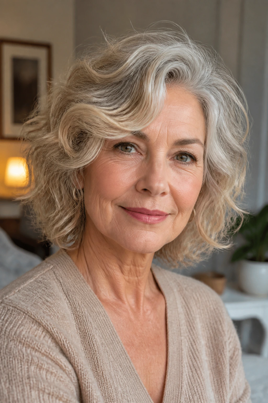 Portrait of an older woman with a flattering wavy haircut after 60.