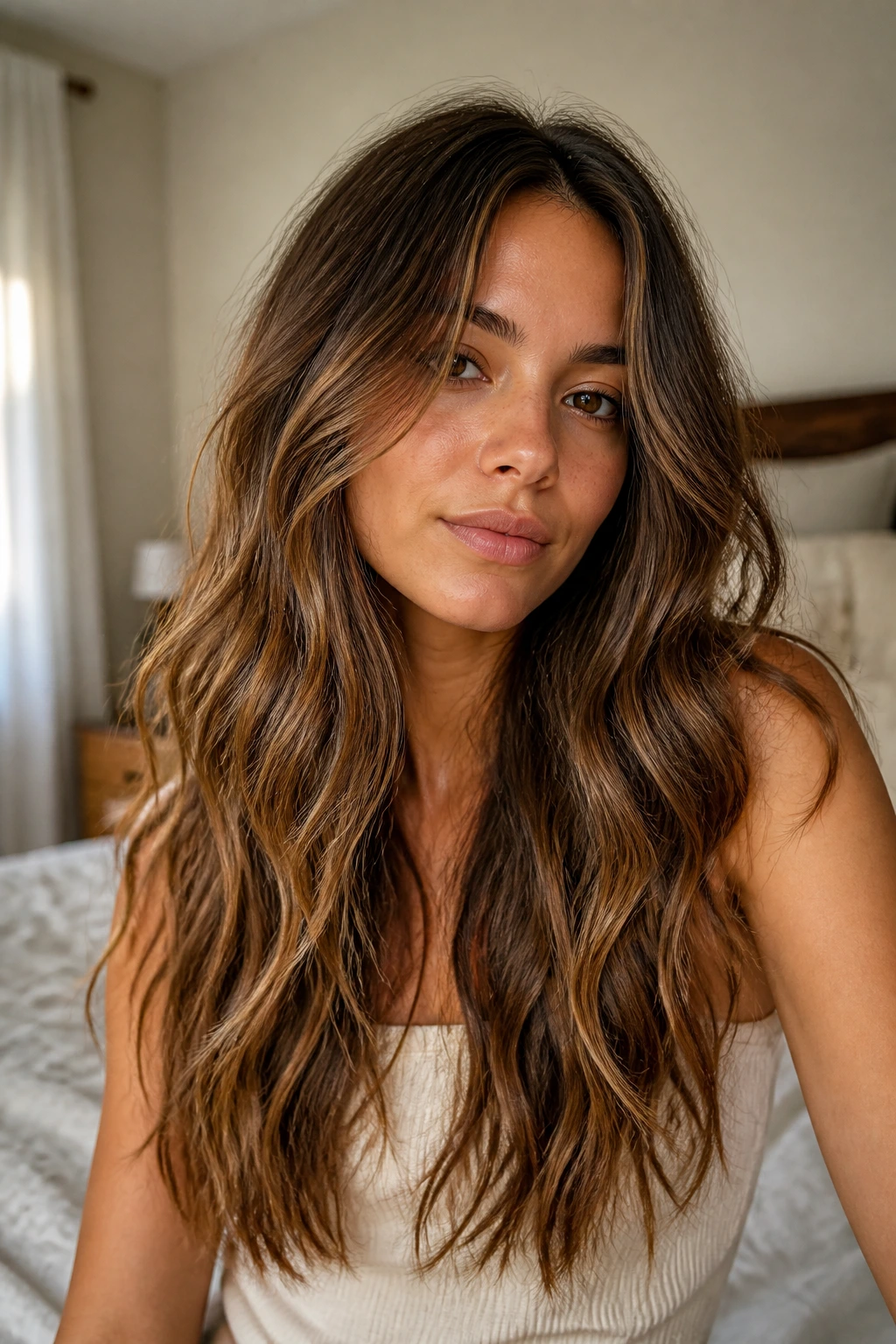 Close-up of a real woman with wavy hair and subtle babylights in warm natural light
