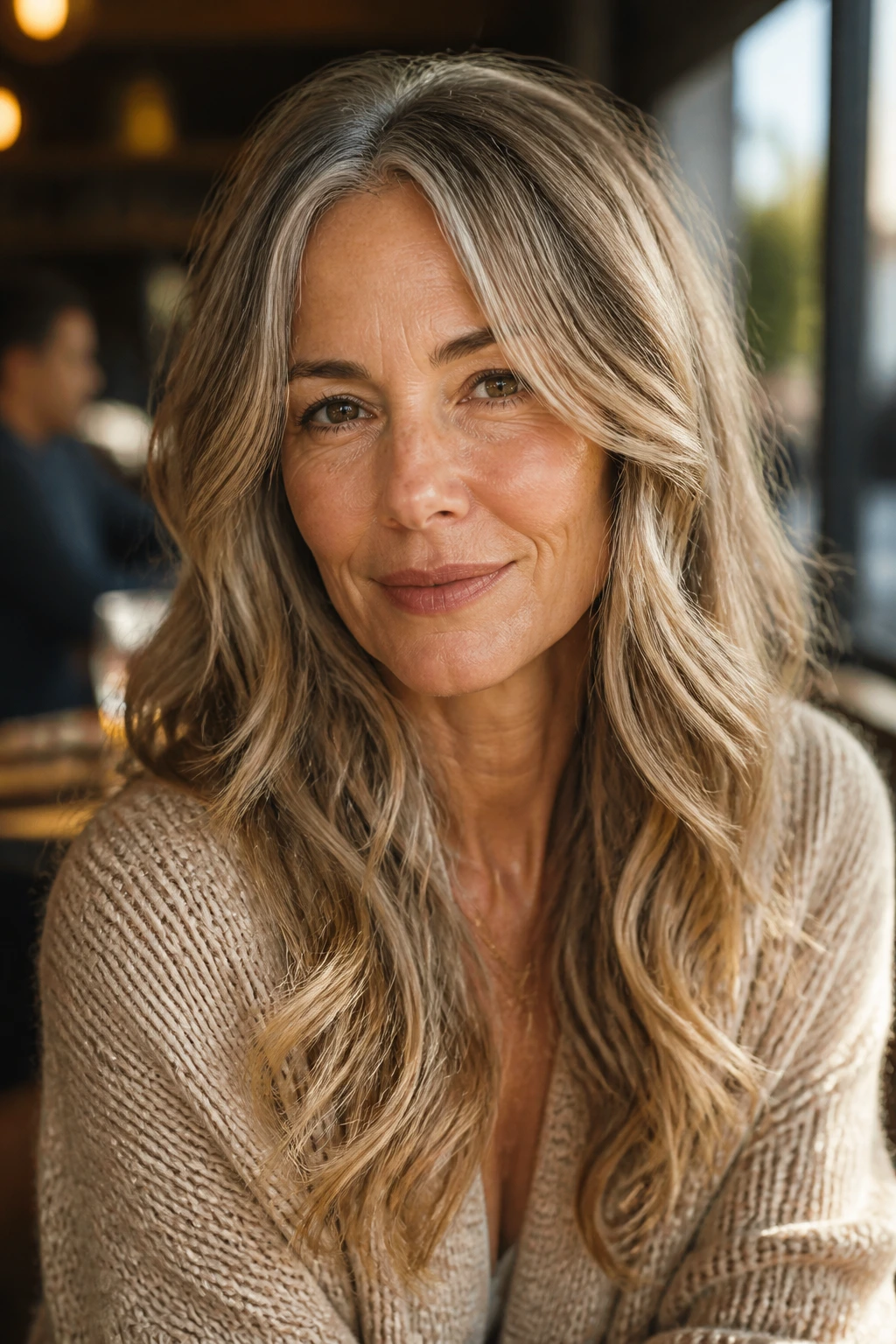 Close-up portrait of a real woman with wavy hair and a bend in the front pieces