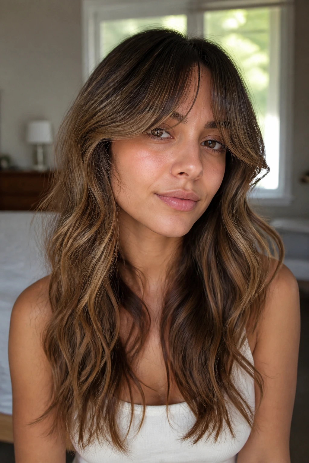 Close-up of a real woman with wavy hair and bottleneck bangs framing the eyes