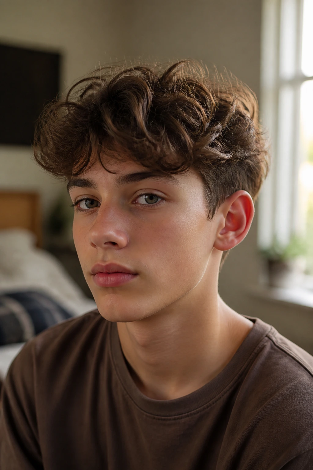 Close-up of a real boy with medium-length wavy hair.