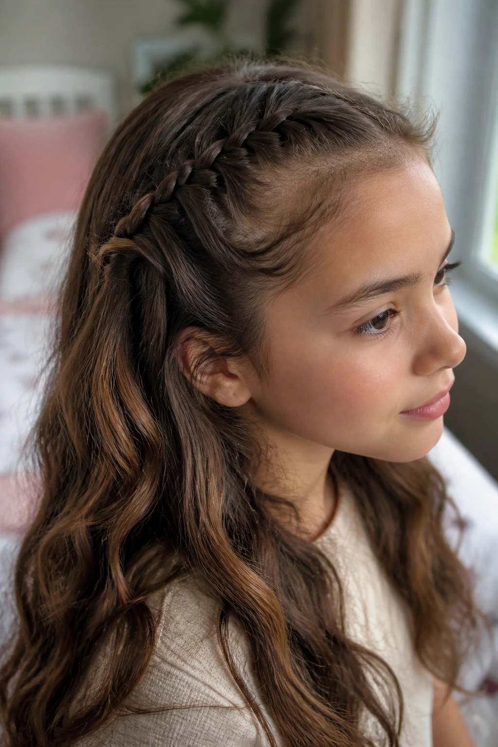 Close-up of a child with wavy hair featuring a French braid on the scalp