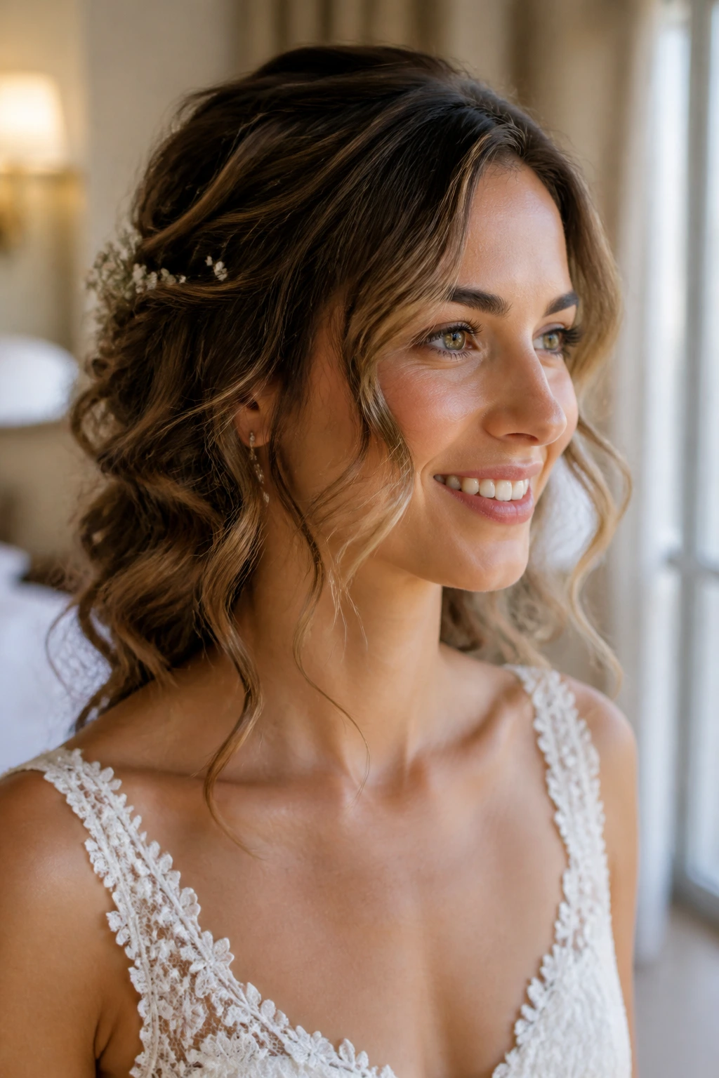 Close-up bride with soft textured wavy hair in natural window light