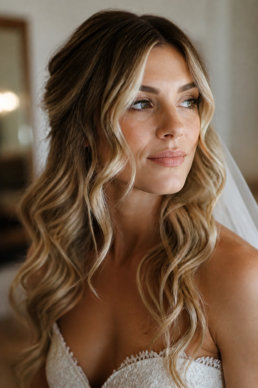 Close-up of a bride with soft, defined waves framing her face