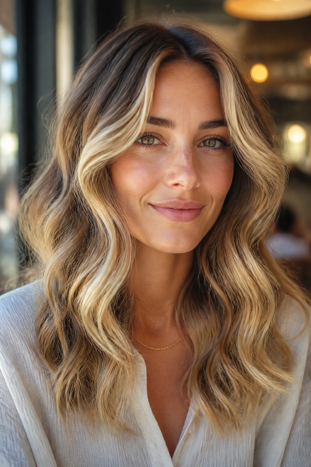 Close portrait showing brightness placed on the outer curves of wavy hair.