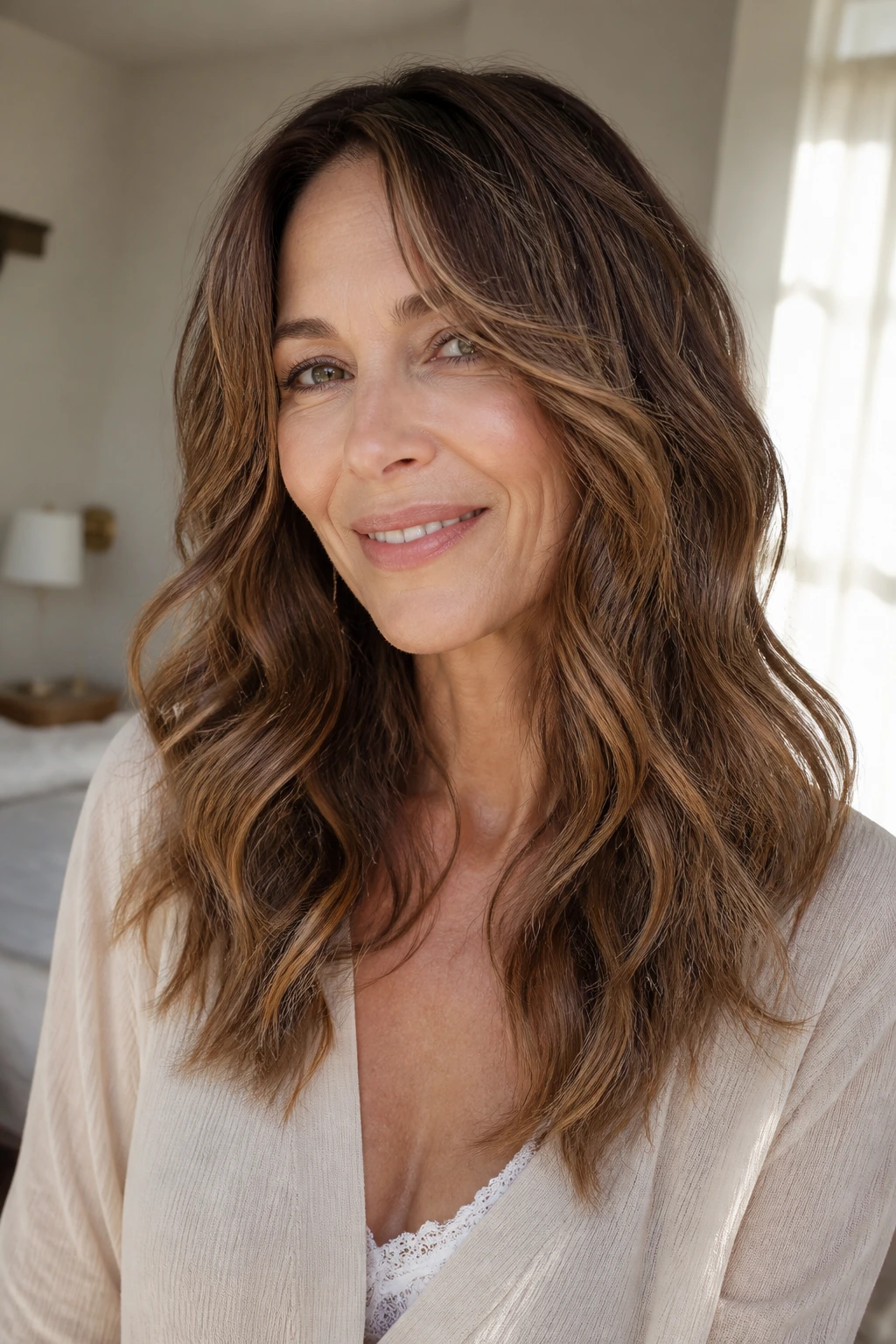 Close-up of a real woman with wavy hair and broken ends in warm window light.