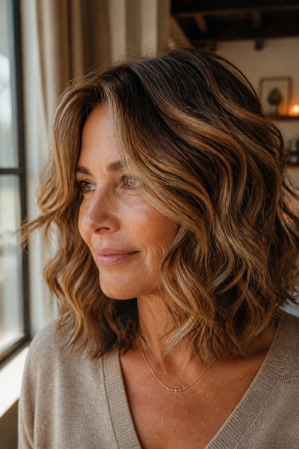 Close-up of a real woman with shoulder-length wavy hair and caramel highlights showing texture and volume