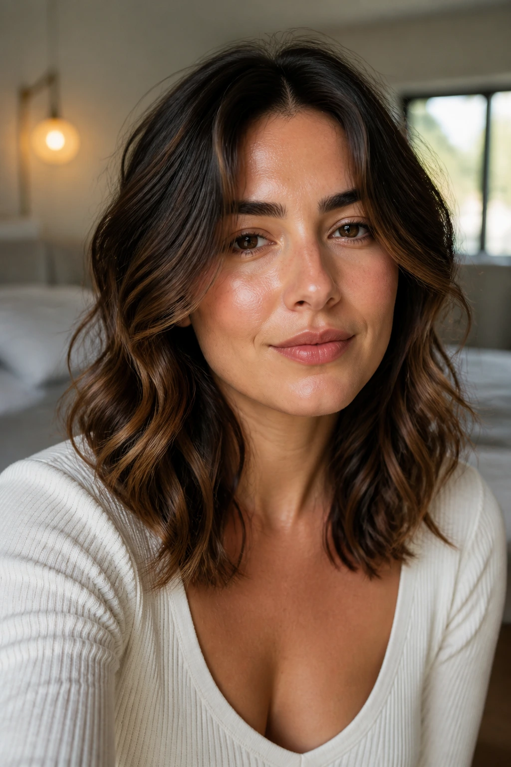 Close-up portrait of a real woman with wavy mid-length hair and cheekbone framing layers.