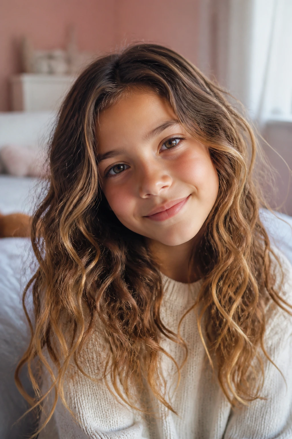 Close-up portrait of a child with soft, defined wavy hair in natural light
