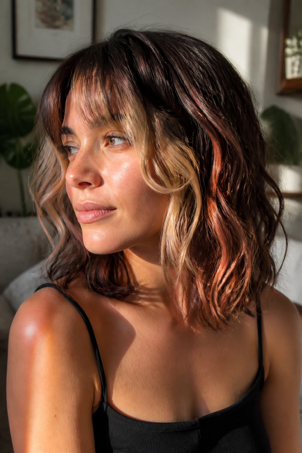 Close-up portrait of a real woman with wavy hair showing dimensional color
