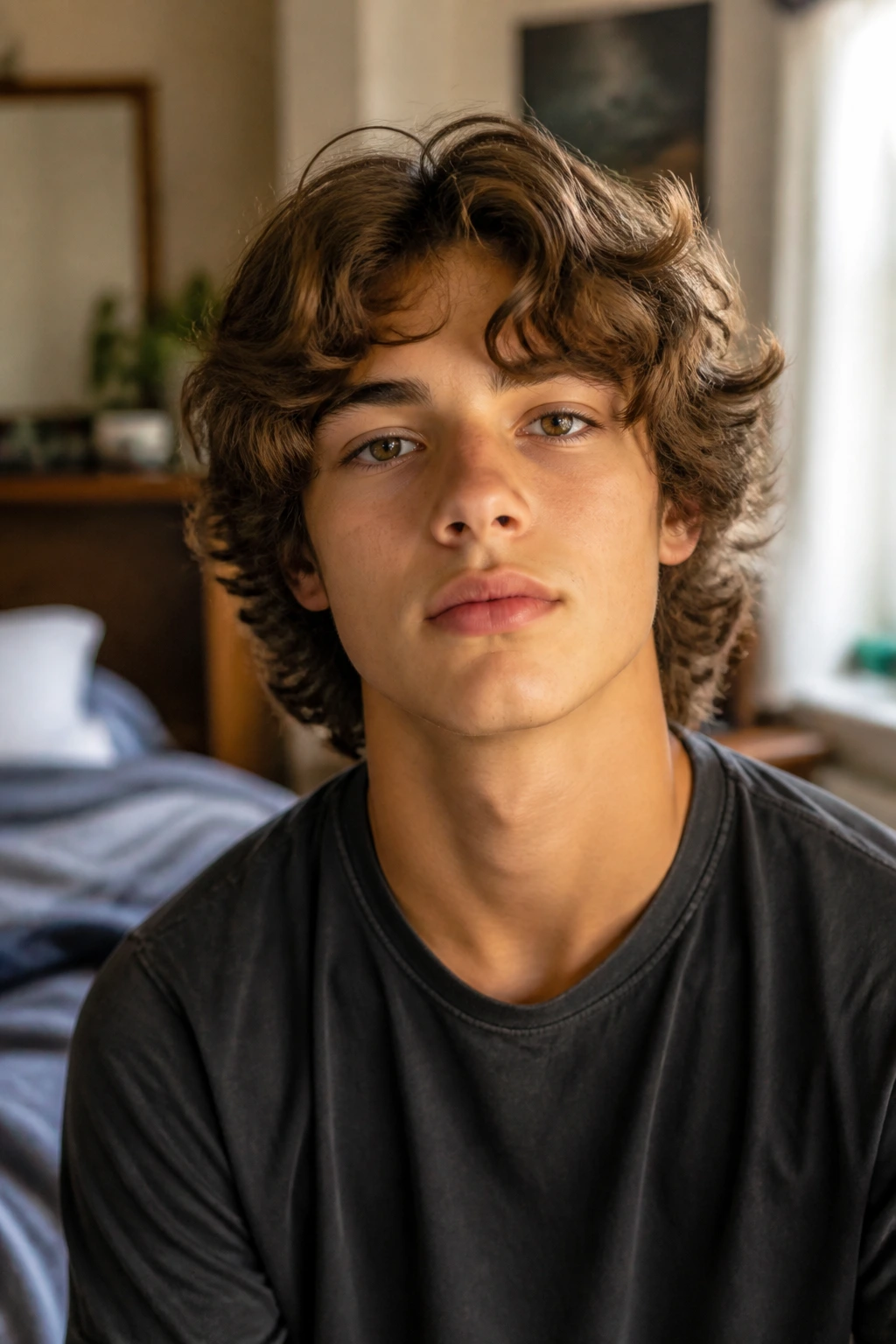 Close-up portrait of a real boy with wavy hair showing bend and length