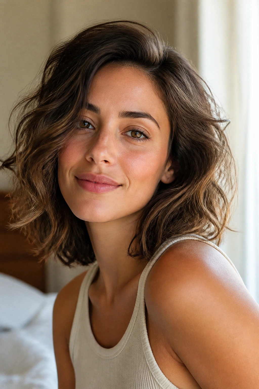 Close-up of a real woman with day-two wavy hair in warm bedroom light