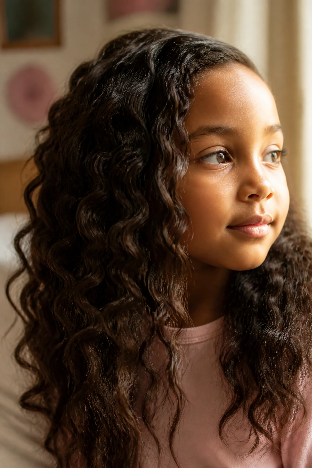 Portrait of a real girl with defined waves in her hair