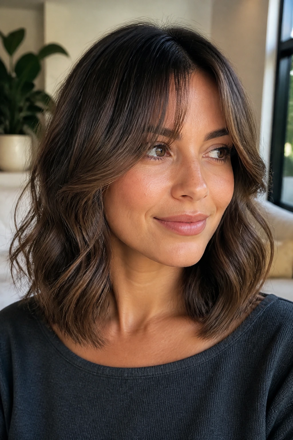 Close-up portrait of a real woman with a wavy midi cut and internal layers