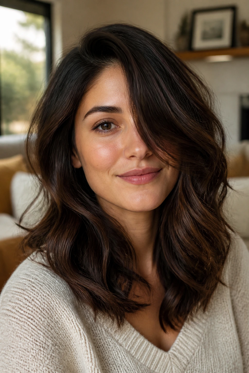 Close-up of a real woman with a Wavy Midi Cut With Invisible Layers and side part