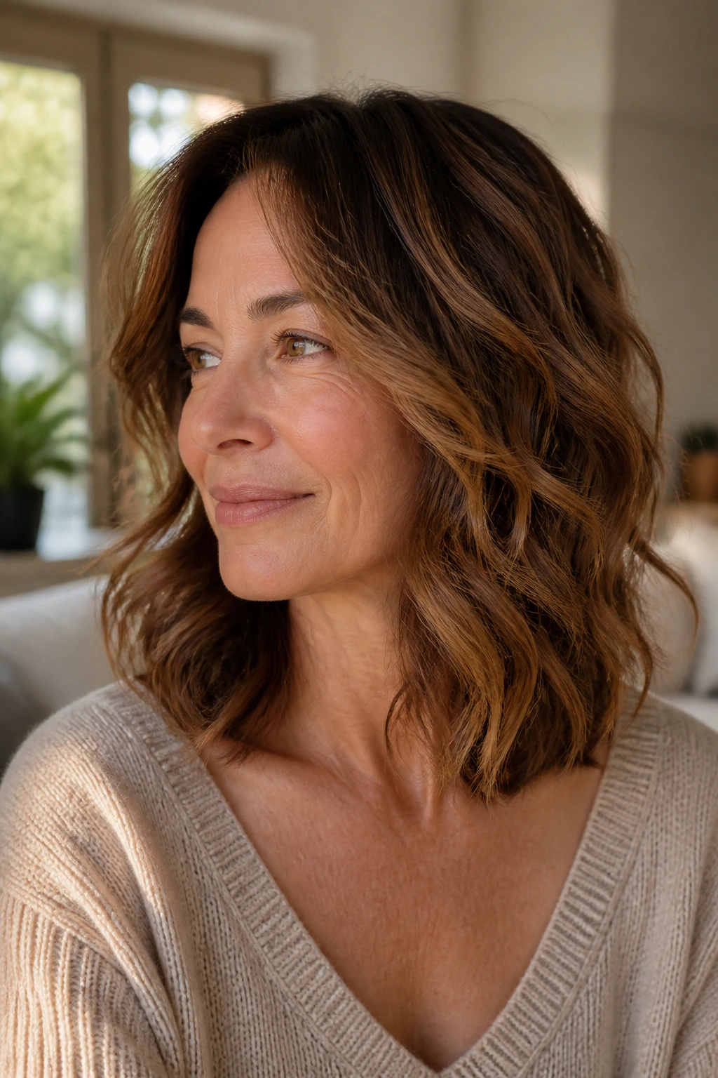 Portrait of a woman over 40 with a wavy midi haircut and invisible layers, in soft window light.