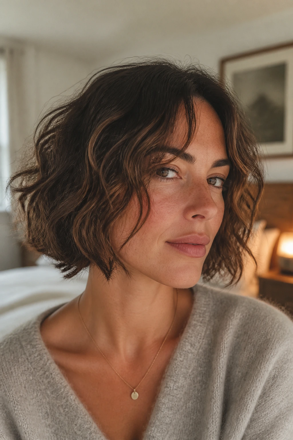 Close-up portrait of a real woman with a jaw-length wavy bob shaped to frame her face in warm window light.
