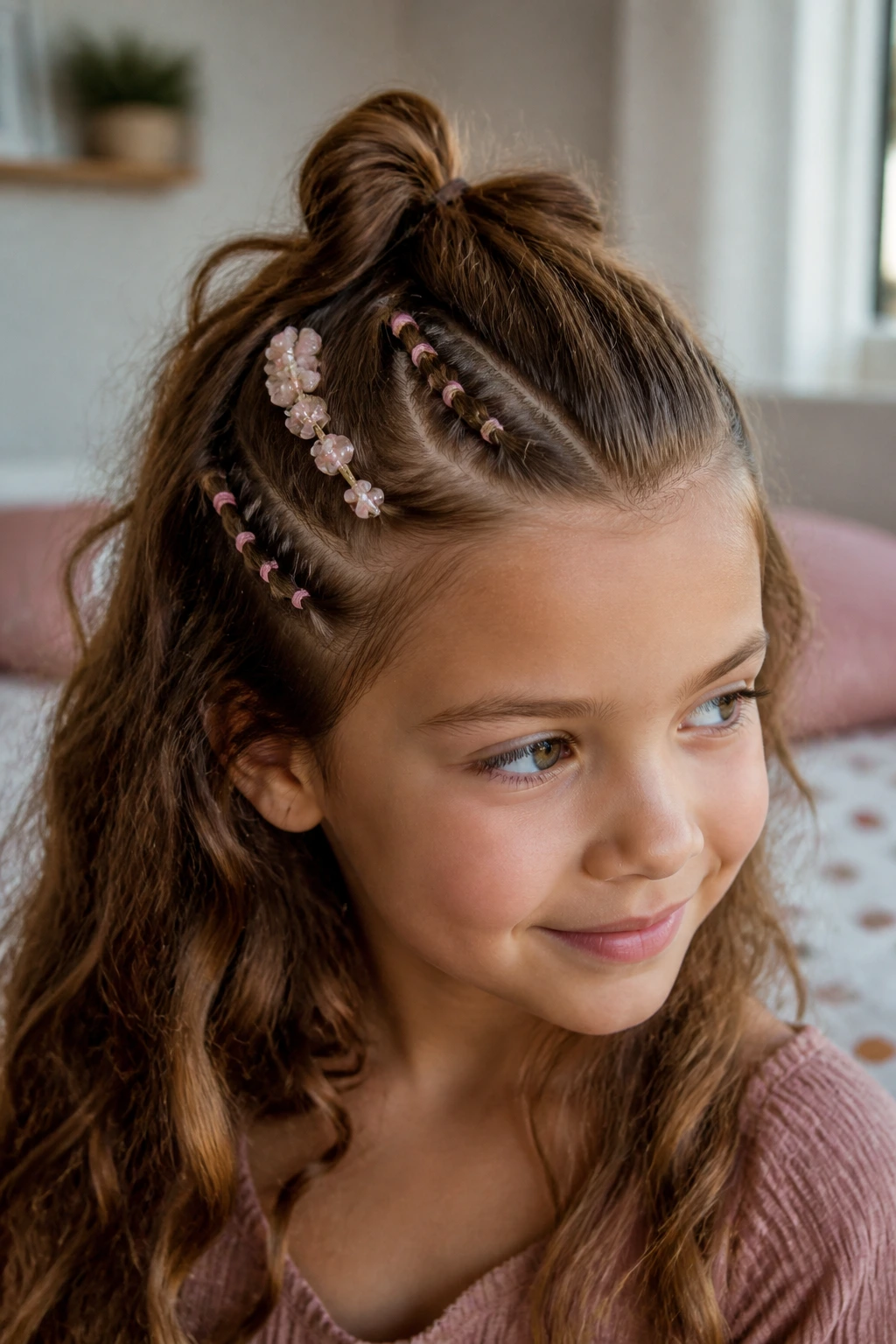 Close-up of a real child with wavy hair featuring half-up, mini braids, and small barrettes in a cozy bedroom