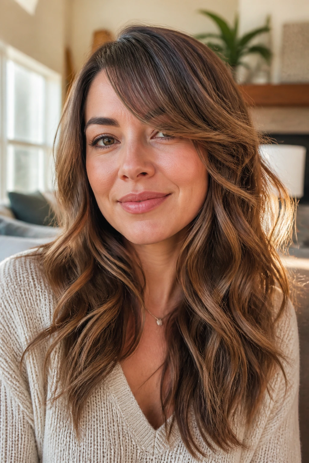 Close-up portrait of a real woman with wavy layered hair and chin-grazing bangs