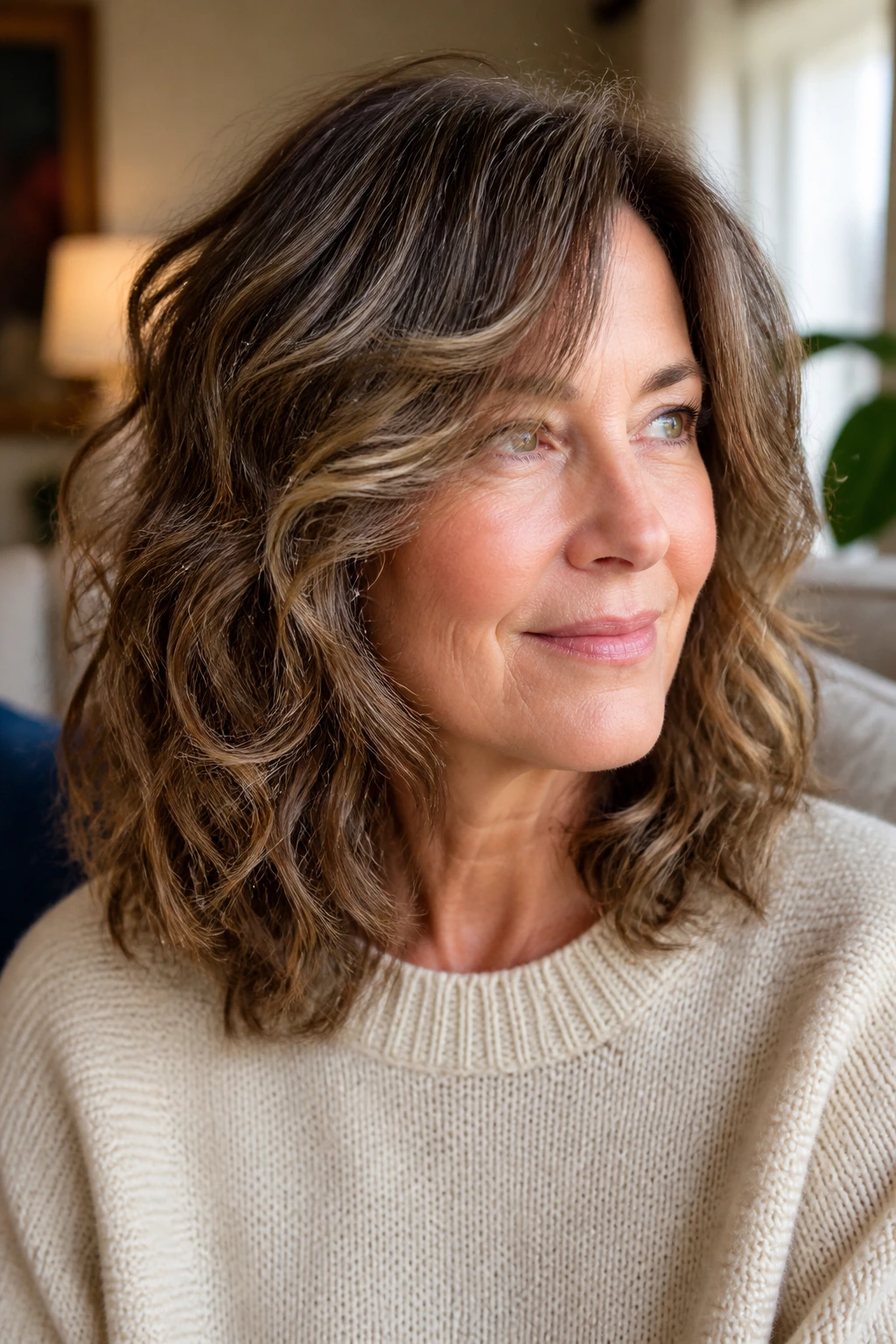 Close-up portrait of a woman with a wavy mid-length cut showing invisible layers in natural window light