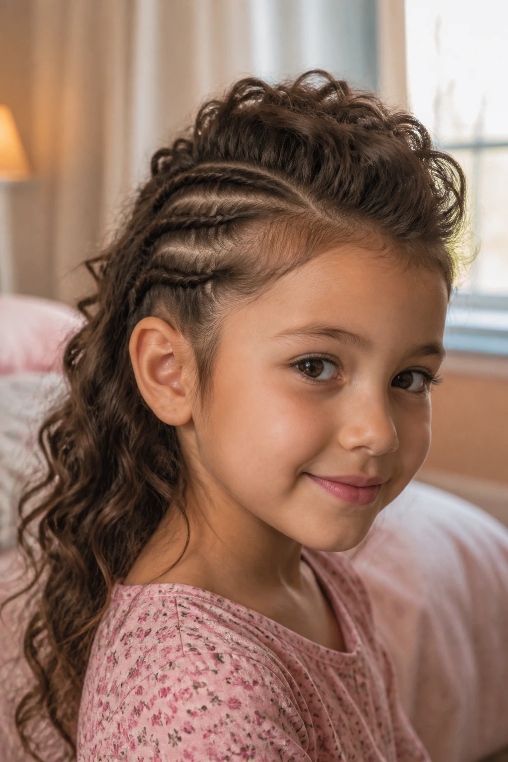 Close-up of a young girl with wavy hair styled into a soft mohawk ridge
