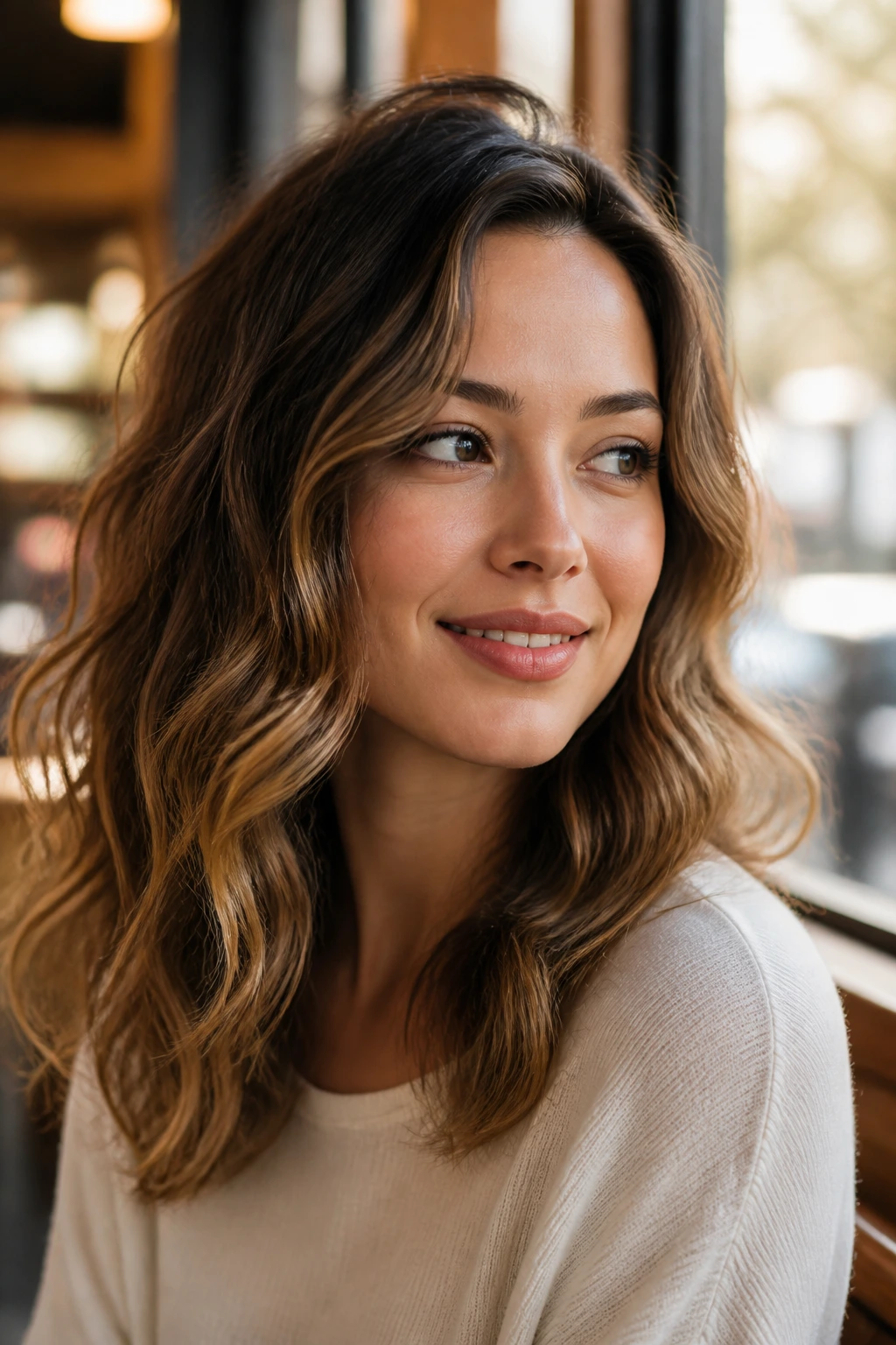 Portrait of a person with wavy hair and an oval face near a sunlit window