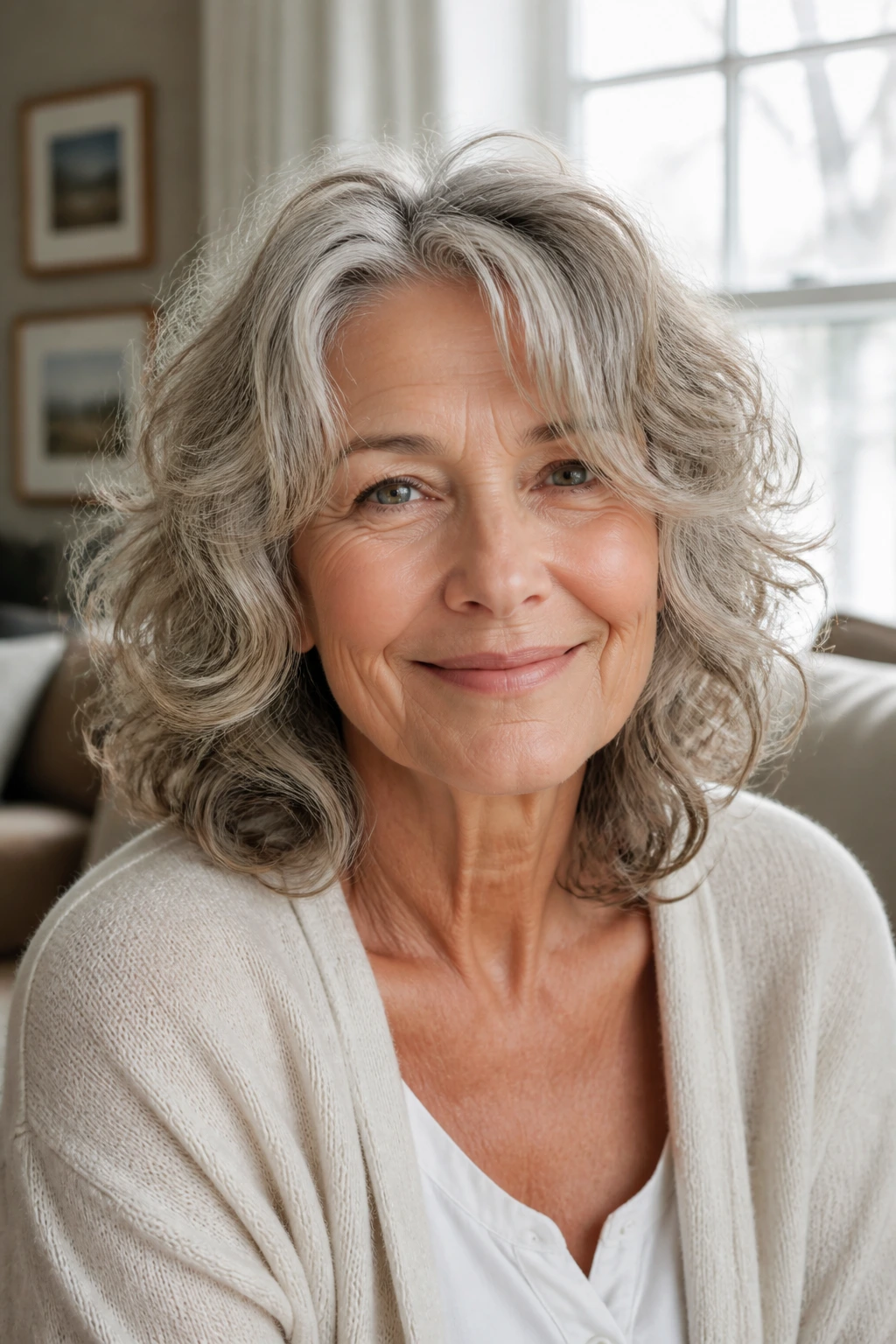Close-up of a 60+ woman with flattering wavy hair in soft natural light