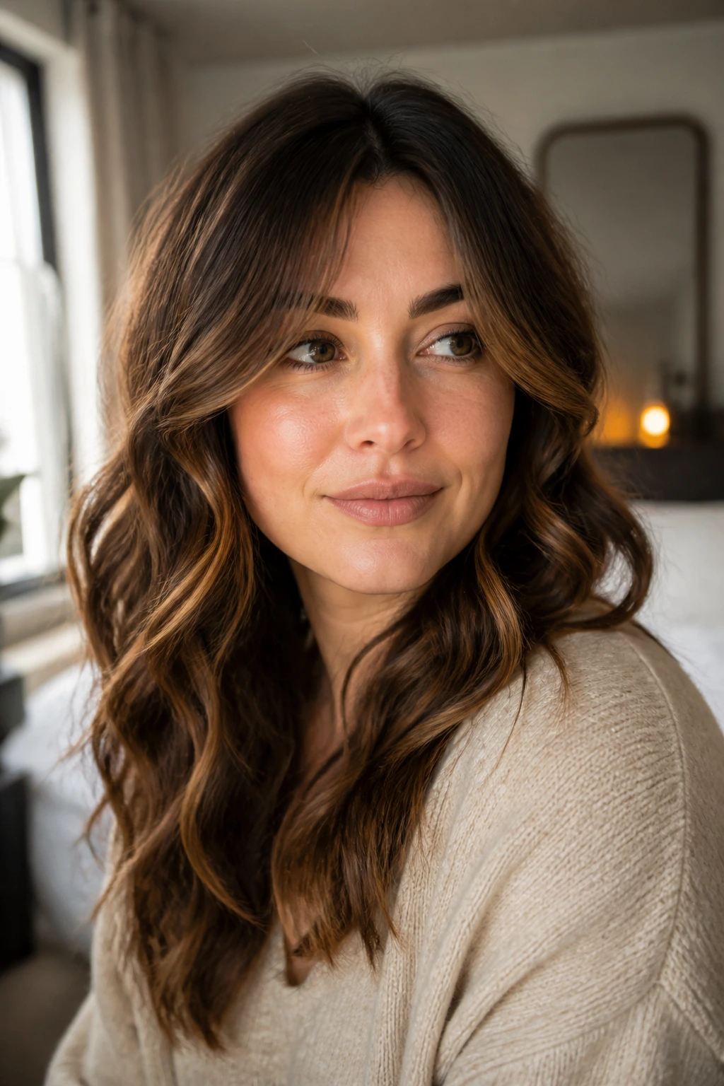 Close-up portrait of a real person with wavy hair softly framing the cheeks
