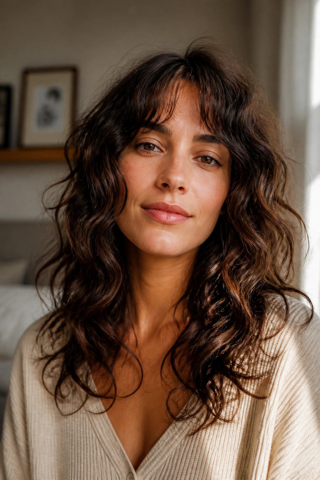Close-up portrait of a real woman with wavy hair and defined waves in natural window light