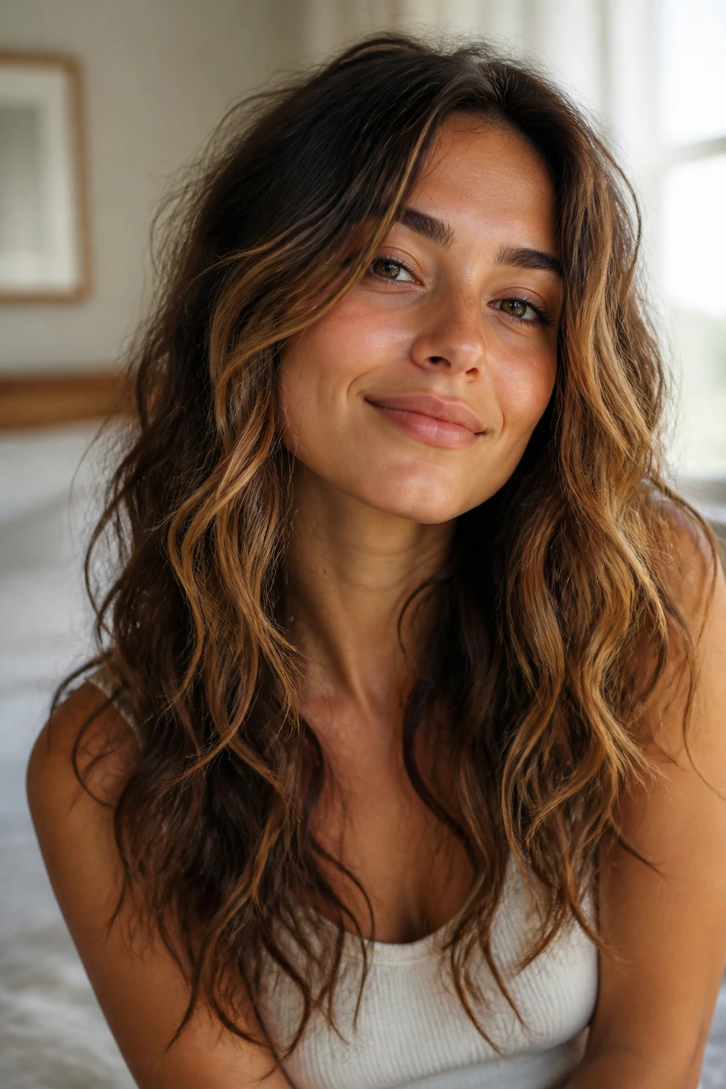 Close-up portrait of a real woman with natural wavy hair showing S-bend waves in warm window light.