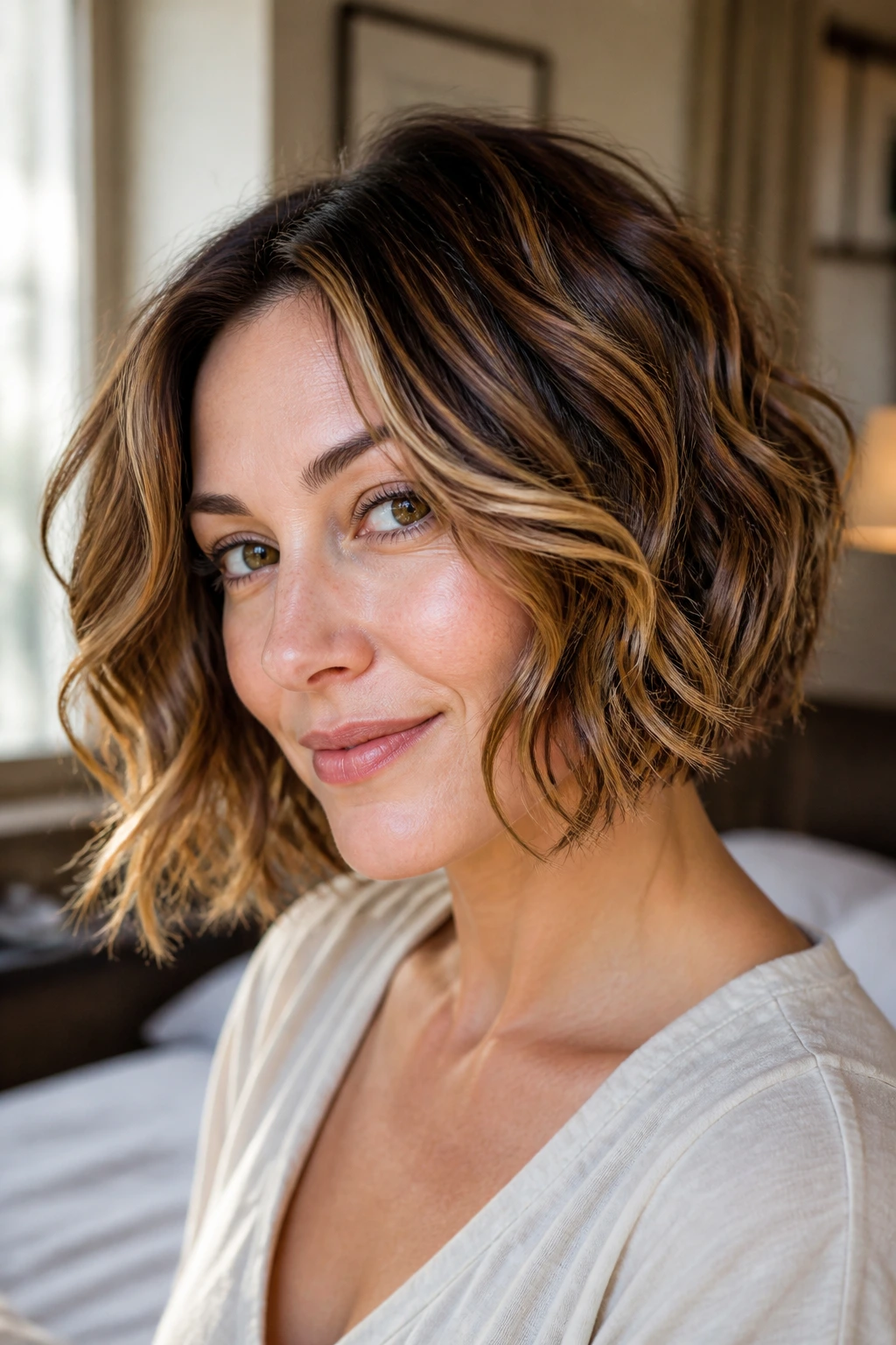 Close-up portrait of a real woman with wavy hair in warm window light
